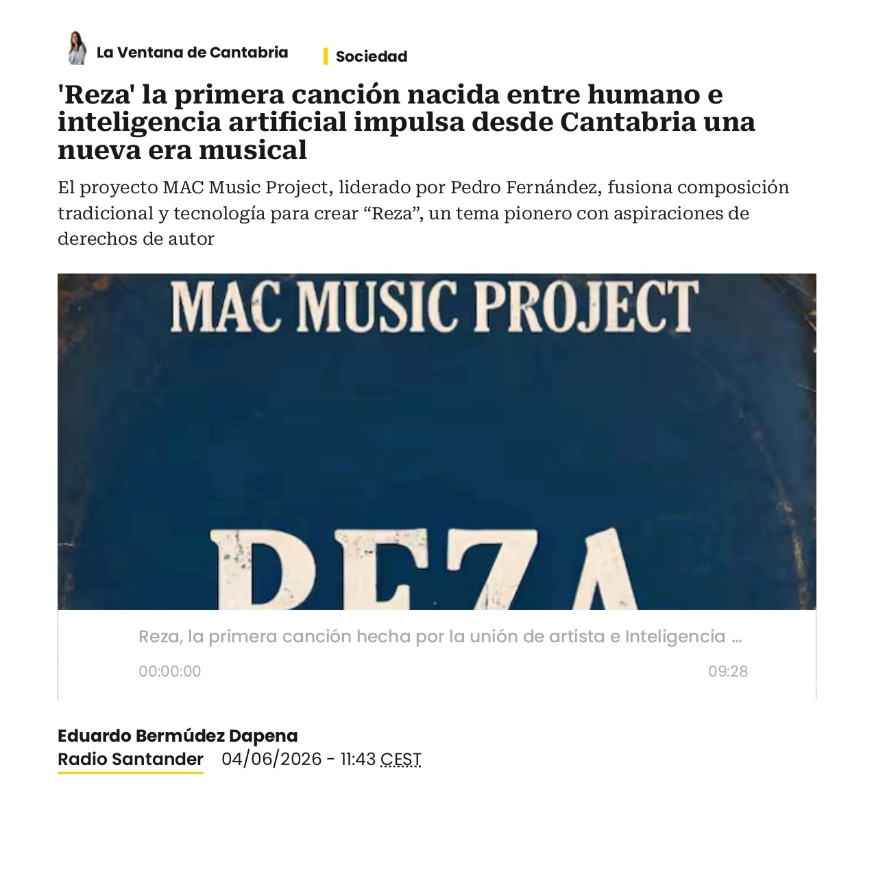 Portada de REZA, la primera canción nacida entre humano e inteligencia artificial, impulsa desde Cantabria una nueva era musical